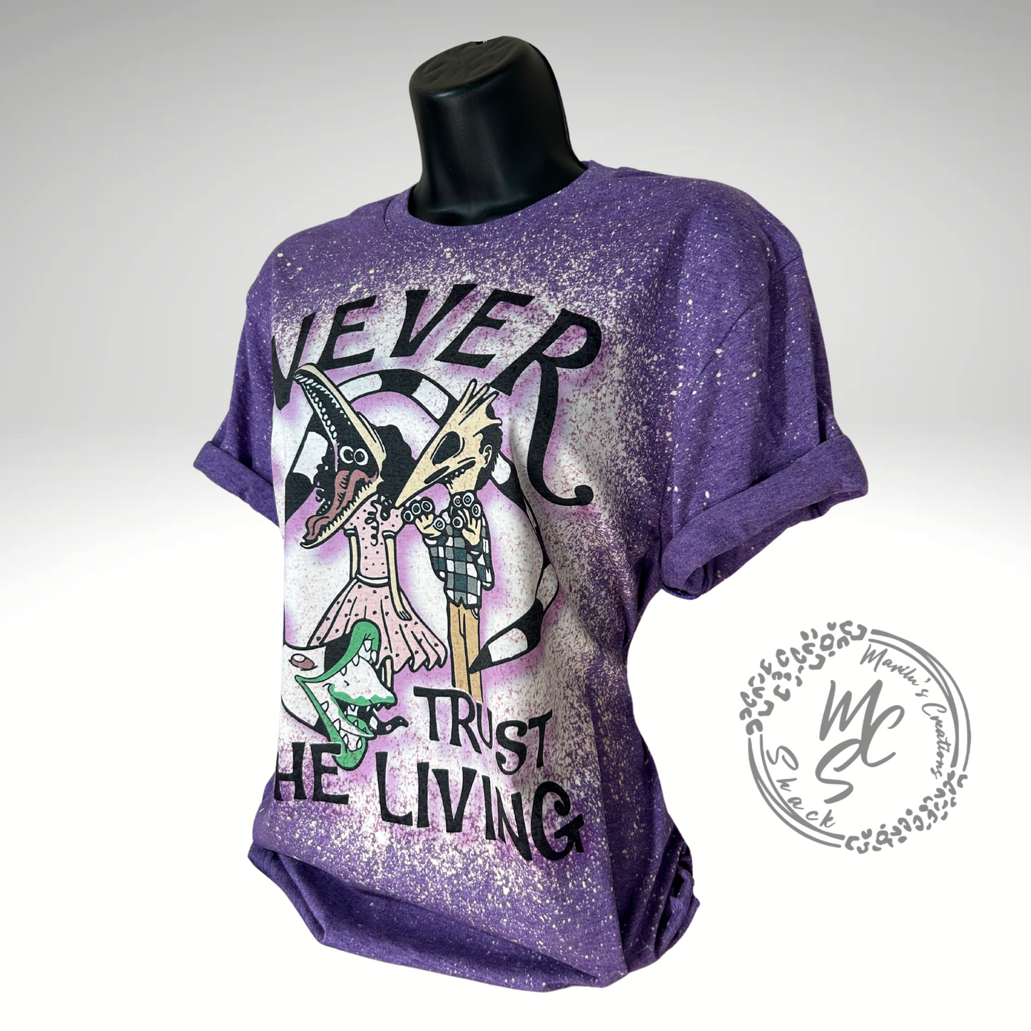 Beetlejuice t-shirt, Never Trust the Living bleached distressed Beetlejuice inspired shirt, super soft t-shirt, purple t-shirt, gift for her or him.