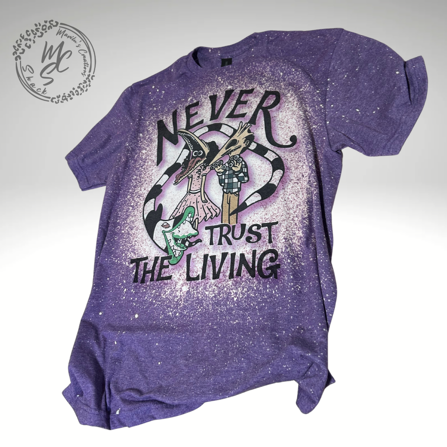 Beetlejuice t-shirt, Never Trust the Living bleached distressed Beetlejuice inspired shirt, super soft t-shirt, purple t-shirt, gift for her or him.