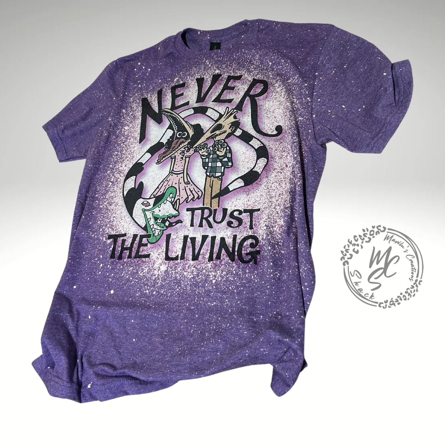 Beetlejuice t-shirt, Never Trust the Living bleached distressed Beetlejuice inspired shirt, super soft t-shirt, purple t-shirt, gift for her or him.