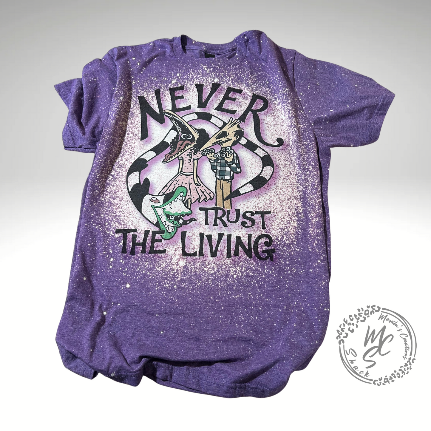 Beetlejuice t-shirt, Never Trust the Living bleached distressed Beetlejuice inspired shirt, super soft t-shirt, purple t-shirt, gift for her or him.