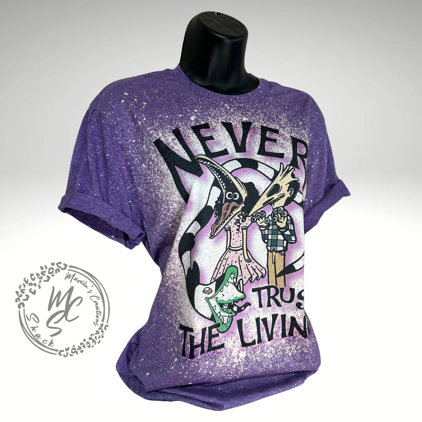 Beetlejuice t-shirt, Never Trust the Living bleached distressed Beetlejuice inspired shirt, super soft t-shirt, purple t-shirt, gift for her or him.