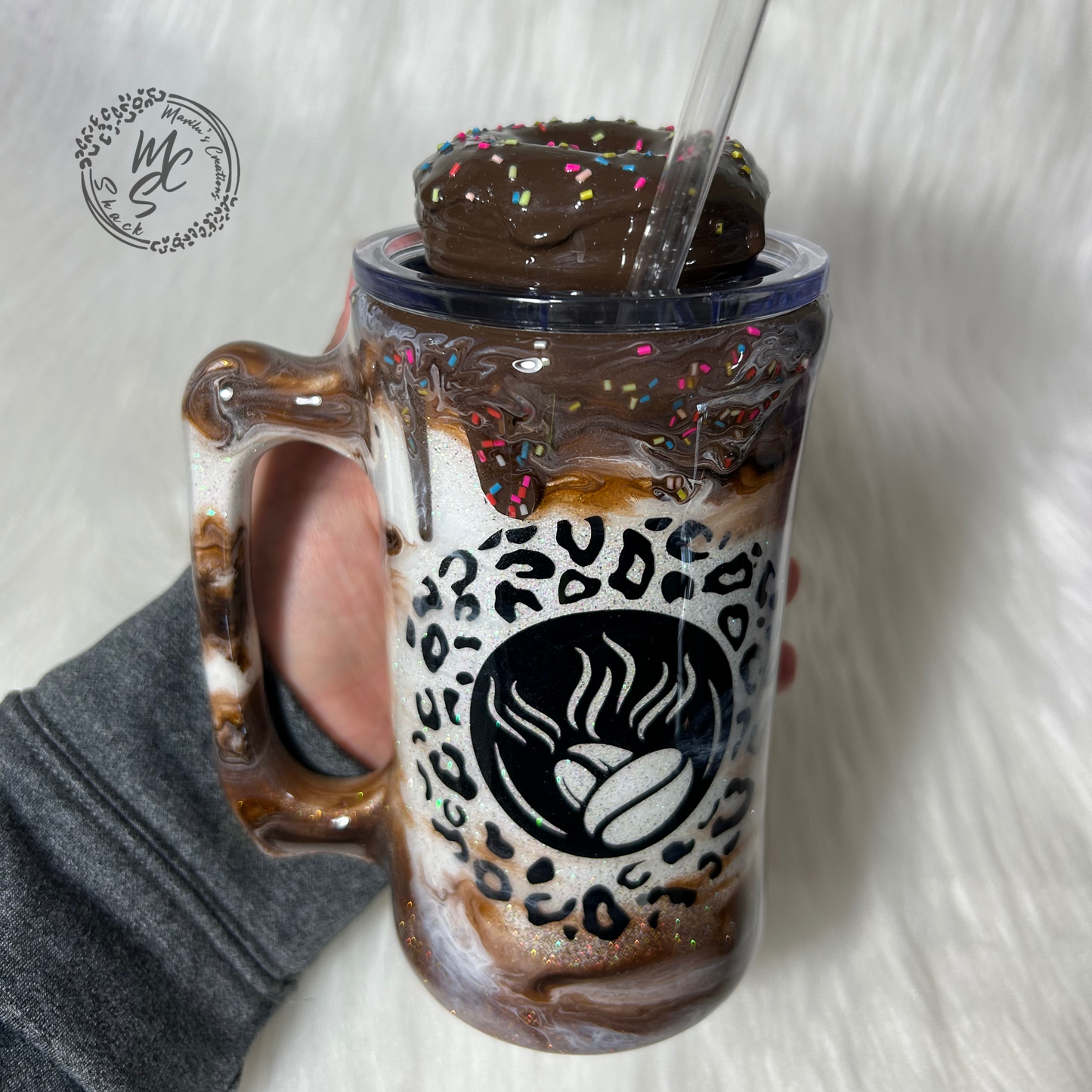 Chocolate mocha donut Tumbler, 3d donut tumbler with chocolate color dripping removable topper and sprinkles. 3d dripping glitter tumbler.