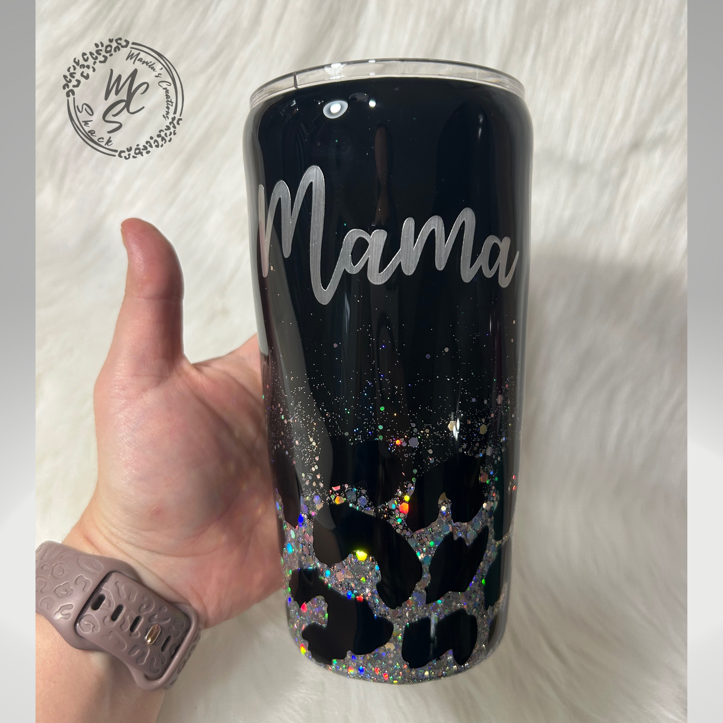 Leopard print tumbler on a black background and silver glitter, animal print cup, black and silver tumbler personalizeable with any name.