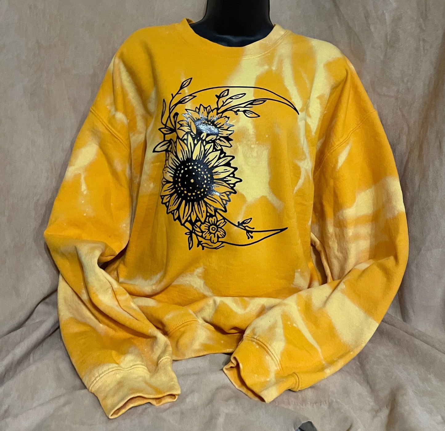 Moon and Sunflower bleached/distressed sweater sweatshirt, yellow top with black design.