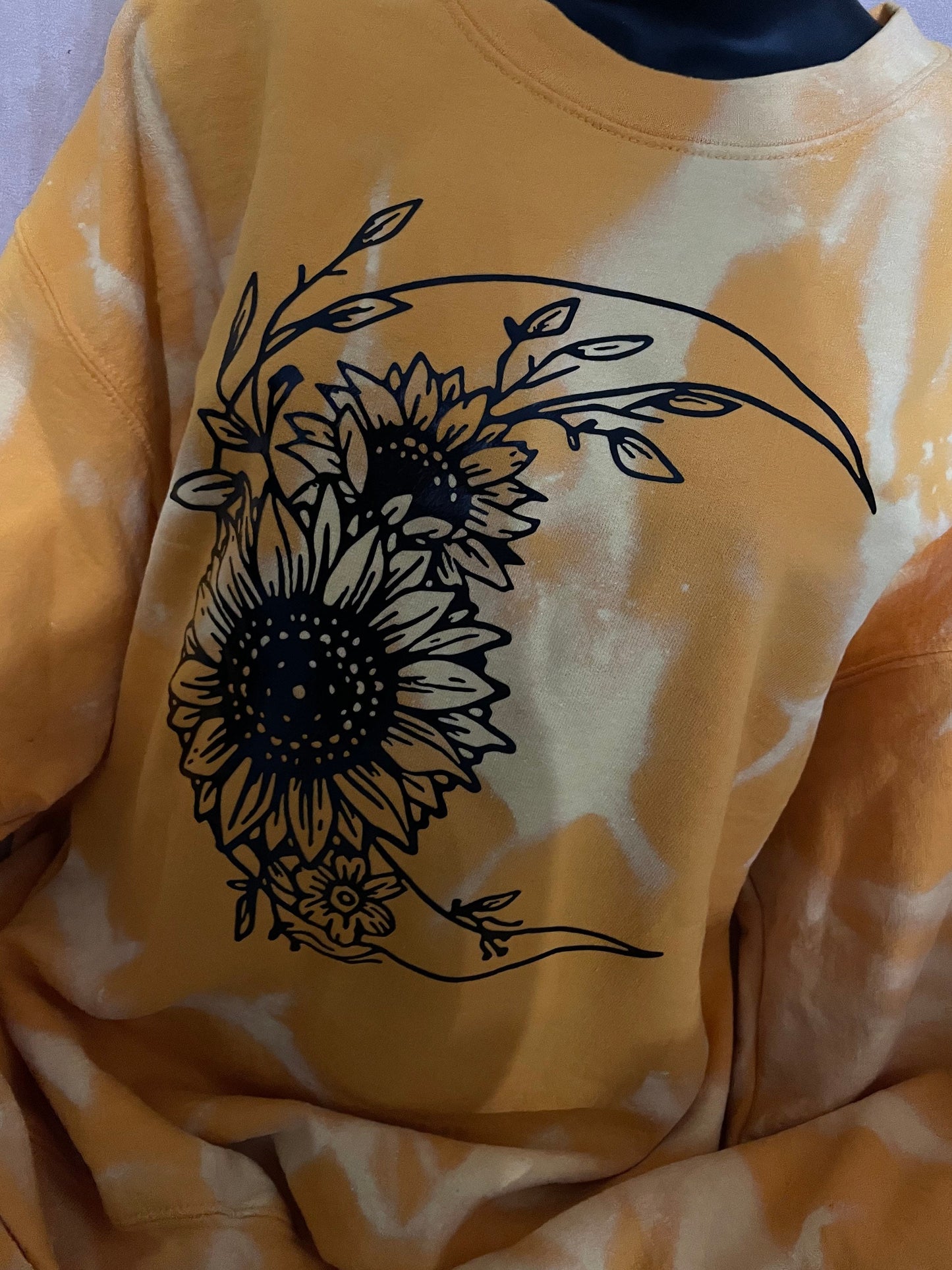 Moon and Sunflower bleached/distressed sweater sweatshirt, yellow top with black design.