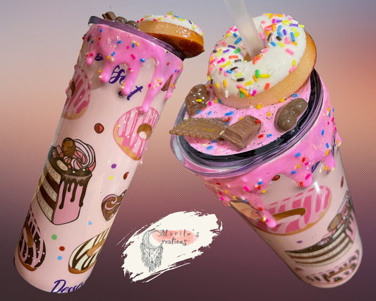 Doughnut Tumbler (20oz with straw) pink donut and pastries design with 3d donut topper not removable topper. Glitter cup