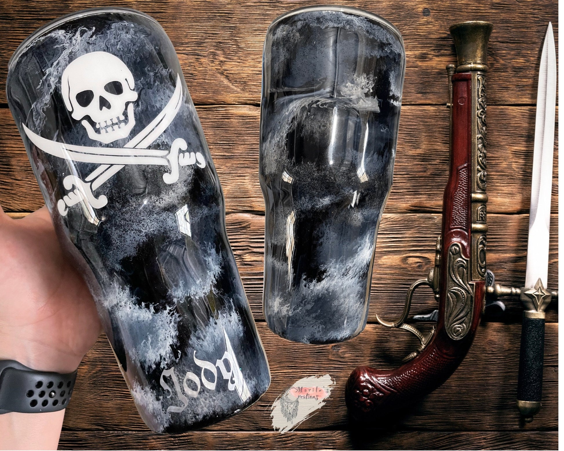 Pirate Tumbler (with slide lid and straw) pirate sword and skull with black background and white smoke effect