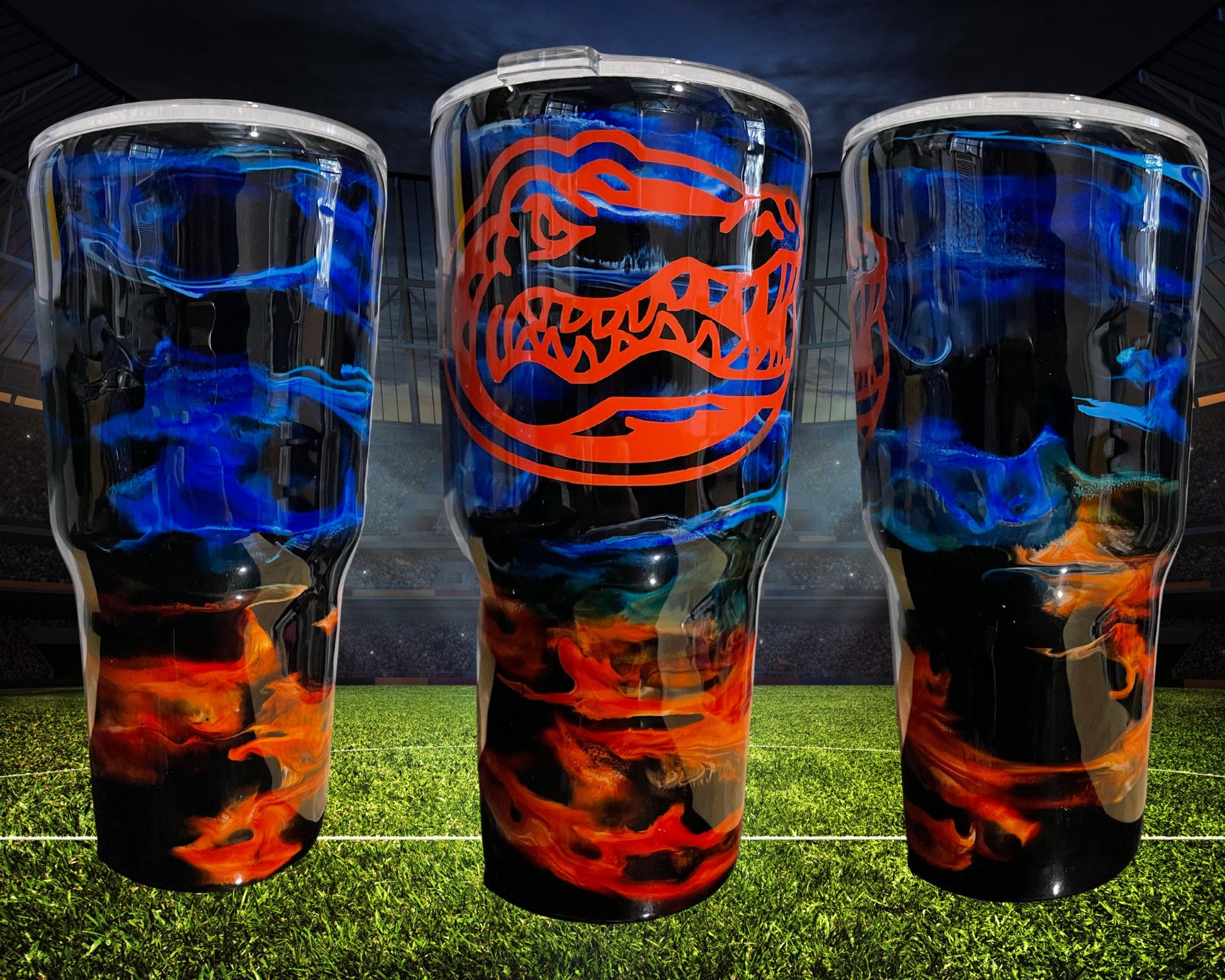 Blue and Orange Swirl Gator Tumbler: Insulated Stainless Steel Cup