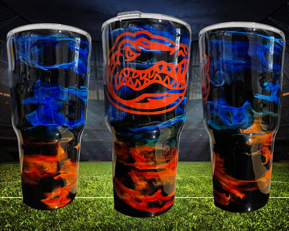 Blue and Orange Swirl Gator Tumbler: Insulated Stainless Steel Cup