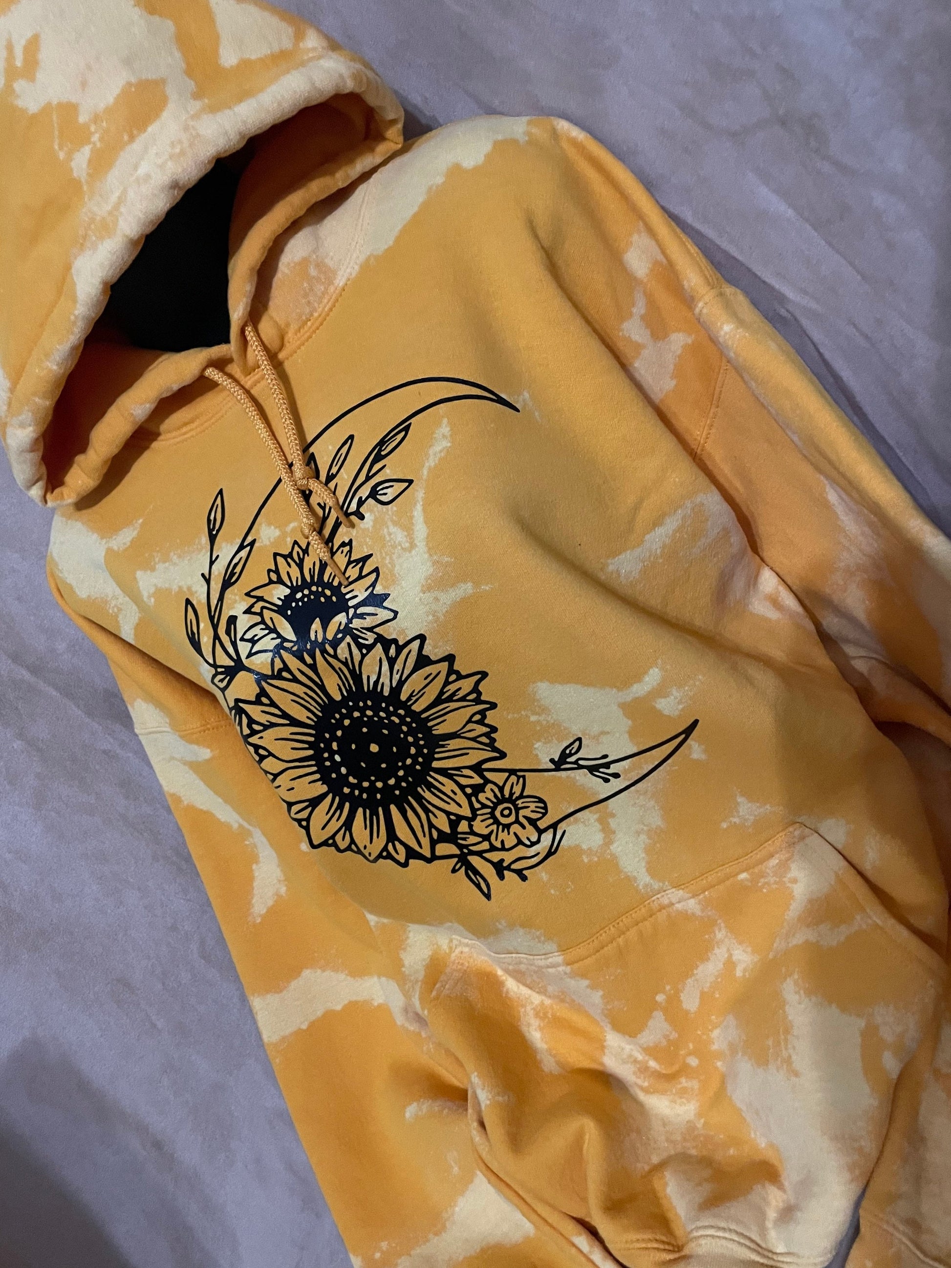 Moon & Sunflowers hoodie pullover bleached distressed graphic top, yellow or old gold vintage trending sweater.