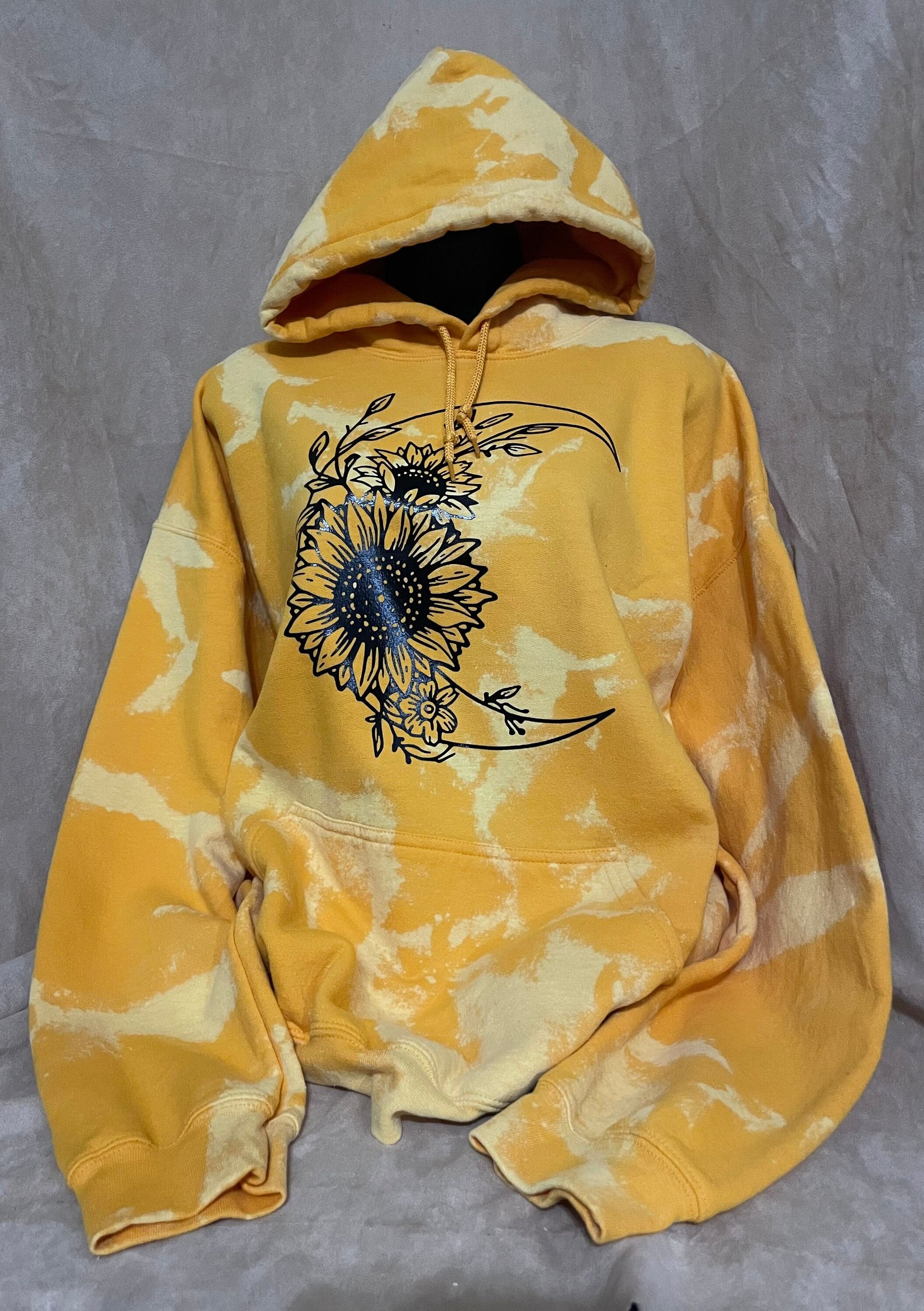 Moon & Sunflowers hoodie pullover bleached distressed graphic top, yellow or old gold vintage trending sweater.