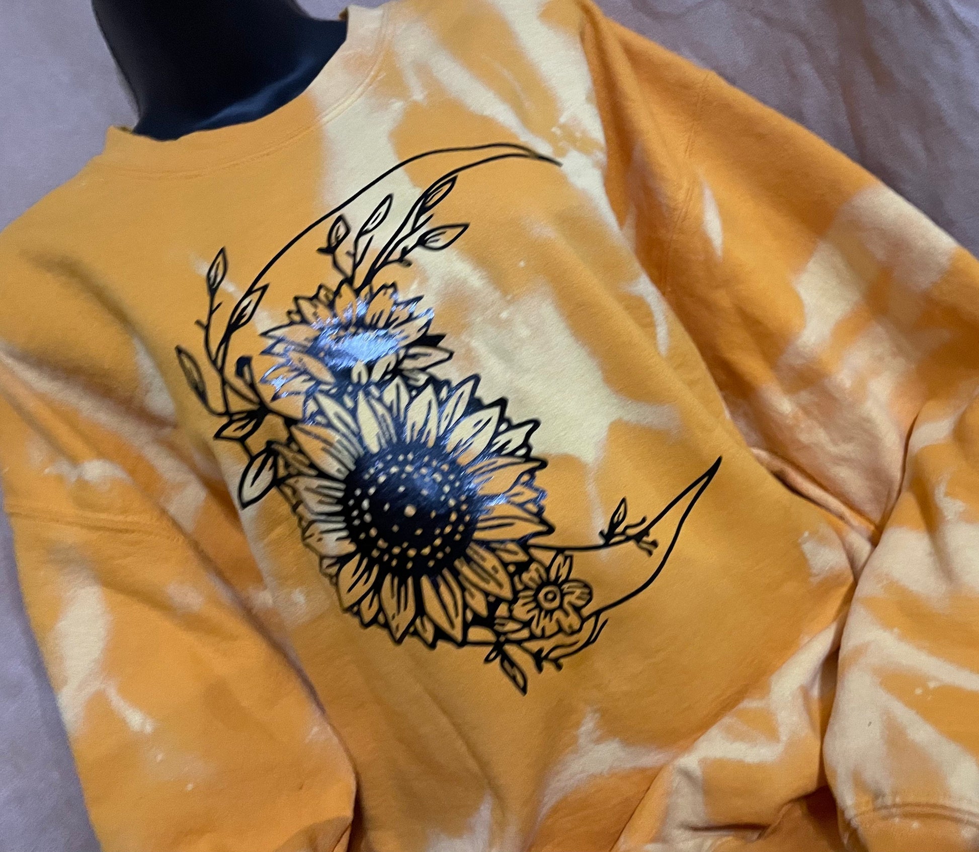 Moon and Sunflower bleached/distressed sweater sweatshirt, yellow top with black design.