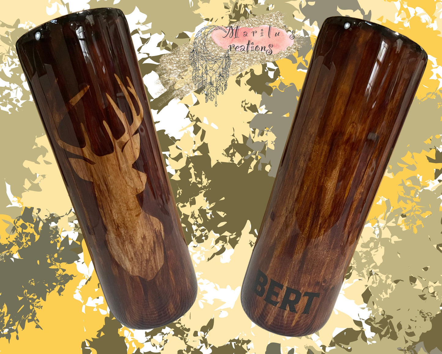 Hand Painted Deer Tumbler: Wood Grain Stainless Steel Hunter Gift