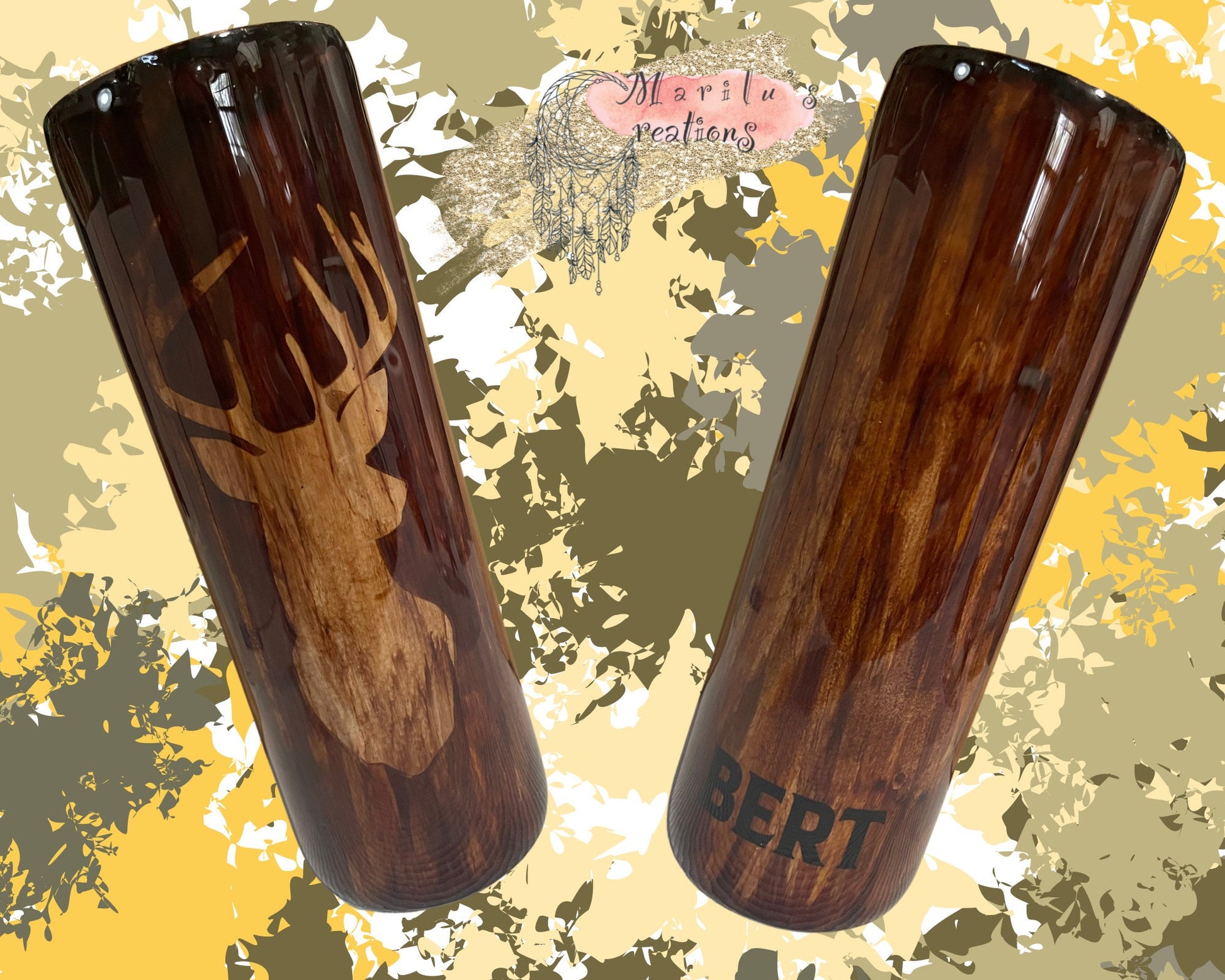 Hand Painted Deer Tumbler: Wood Grain Stainless Steel Hunter Gift