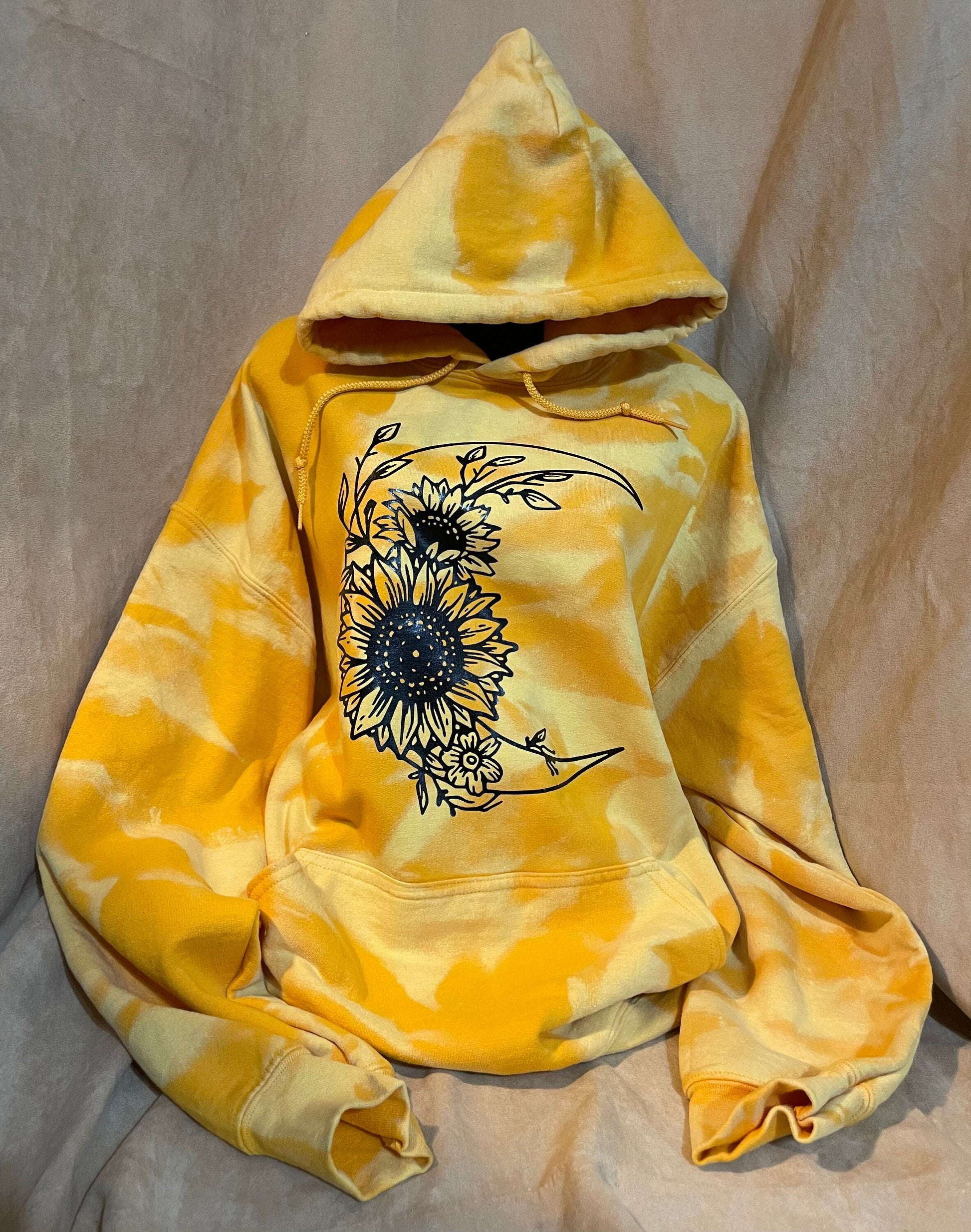 Moon & Sunflowers hoodie pullover bleached distressed graphic top, yellow or old gold vintage trending sweater.