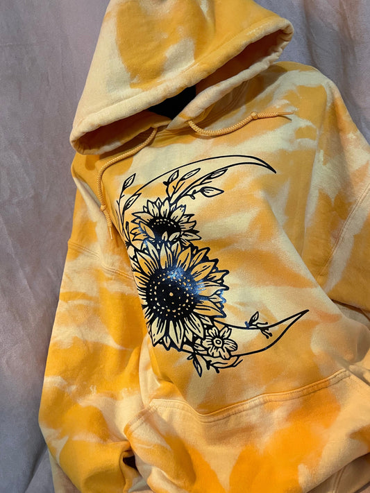 Moon & Sunflowers hoodie pullover bleached distressed graphic top, yellow or old gold vintage trending sweater.