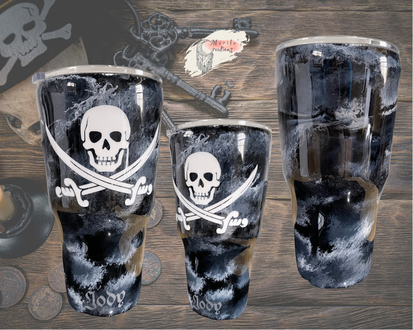 Pirate Tumbler (with slide lid and straw) pirate sword and skull with black background and white smoke effect