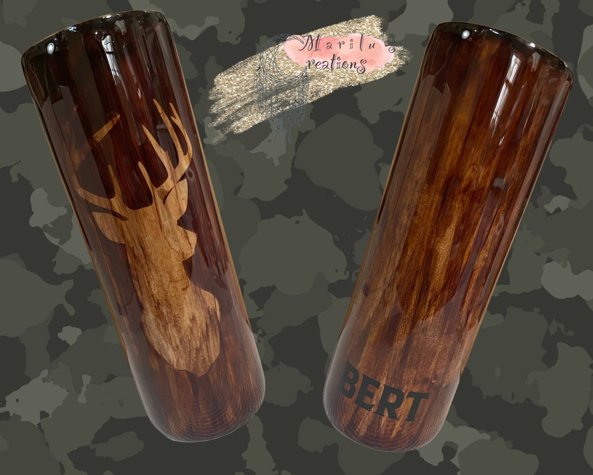 Hand Painted Deer Tumbler: Wood Grain Stainless Steel Hunter Gift