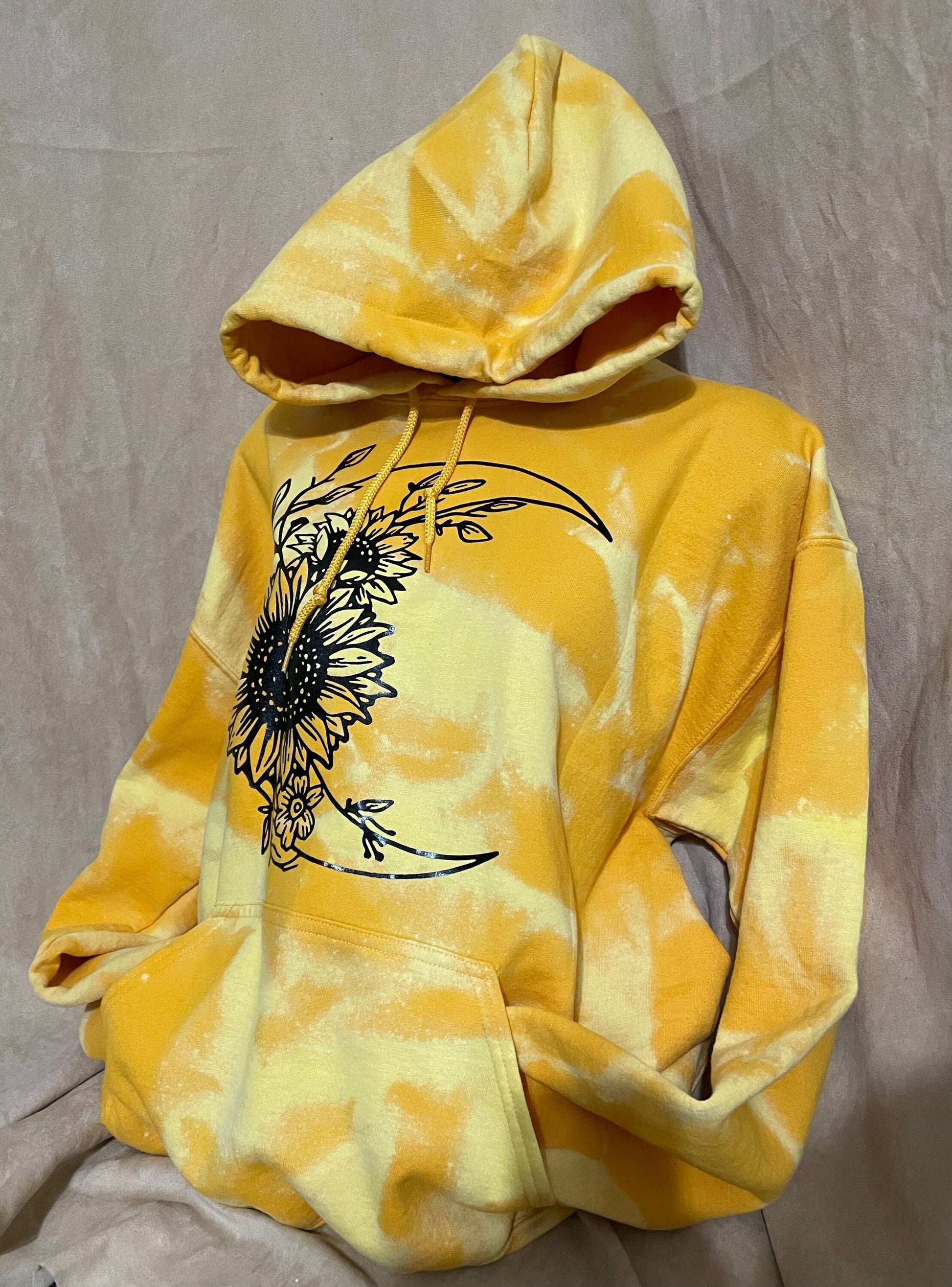 Moon & Sunflowers hoodie pullover bleached distressed graphic top, yellow or old gold vintage trending sweater.