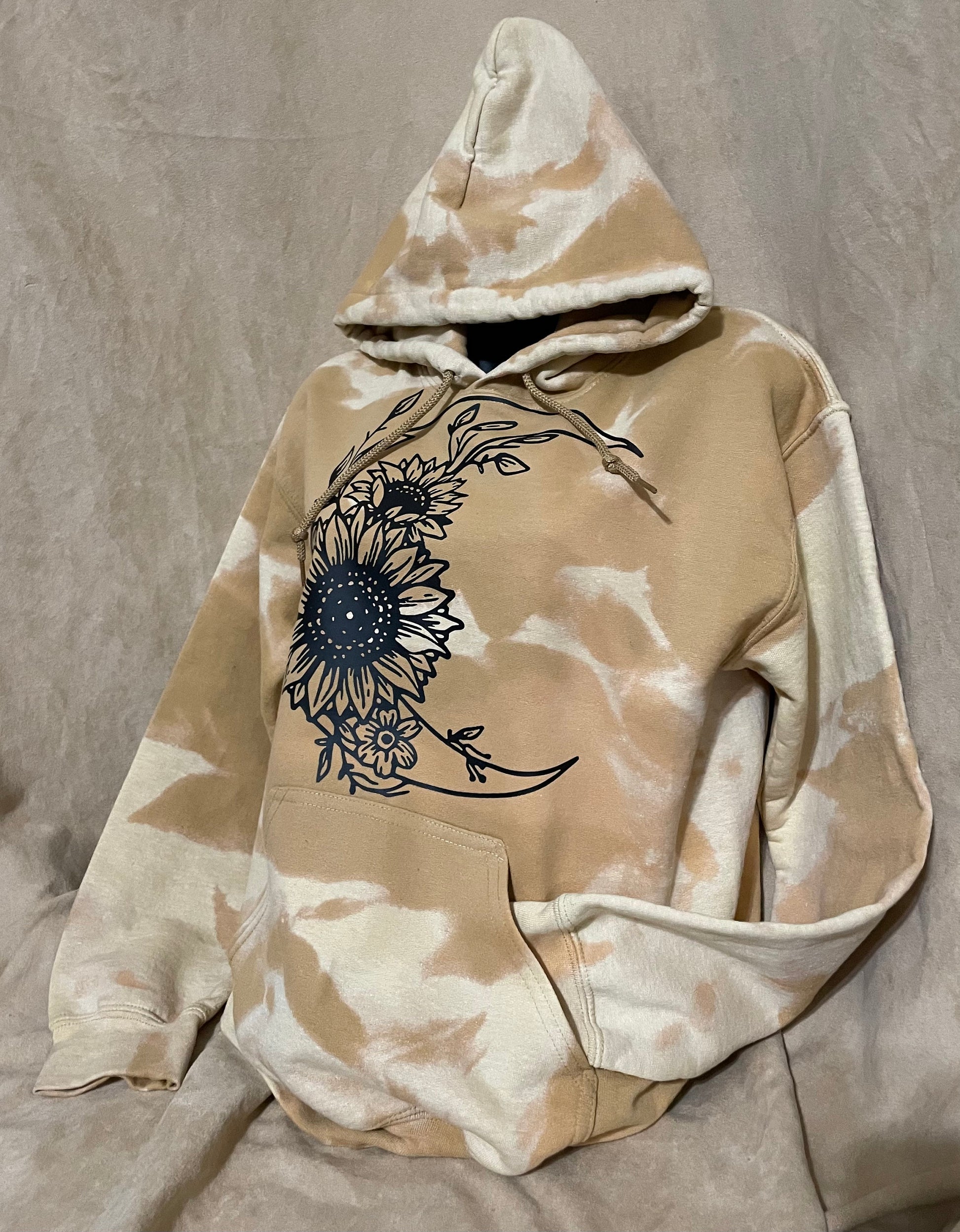 Moon & Sunflowers hoodie pullover bleached distressed graphic top, yellow or old gold vintage trending sweater.