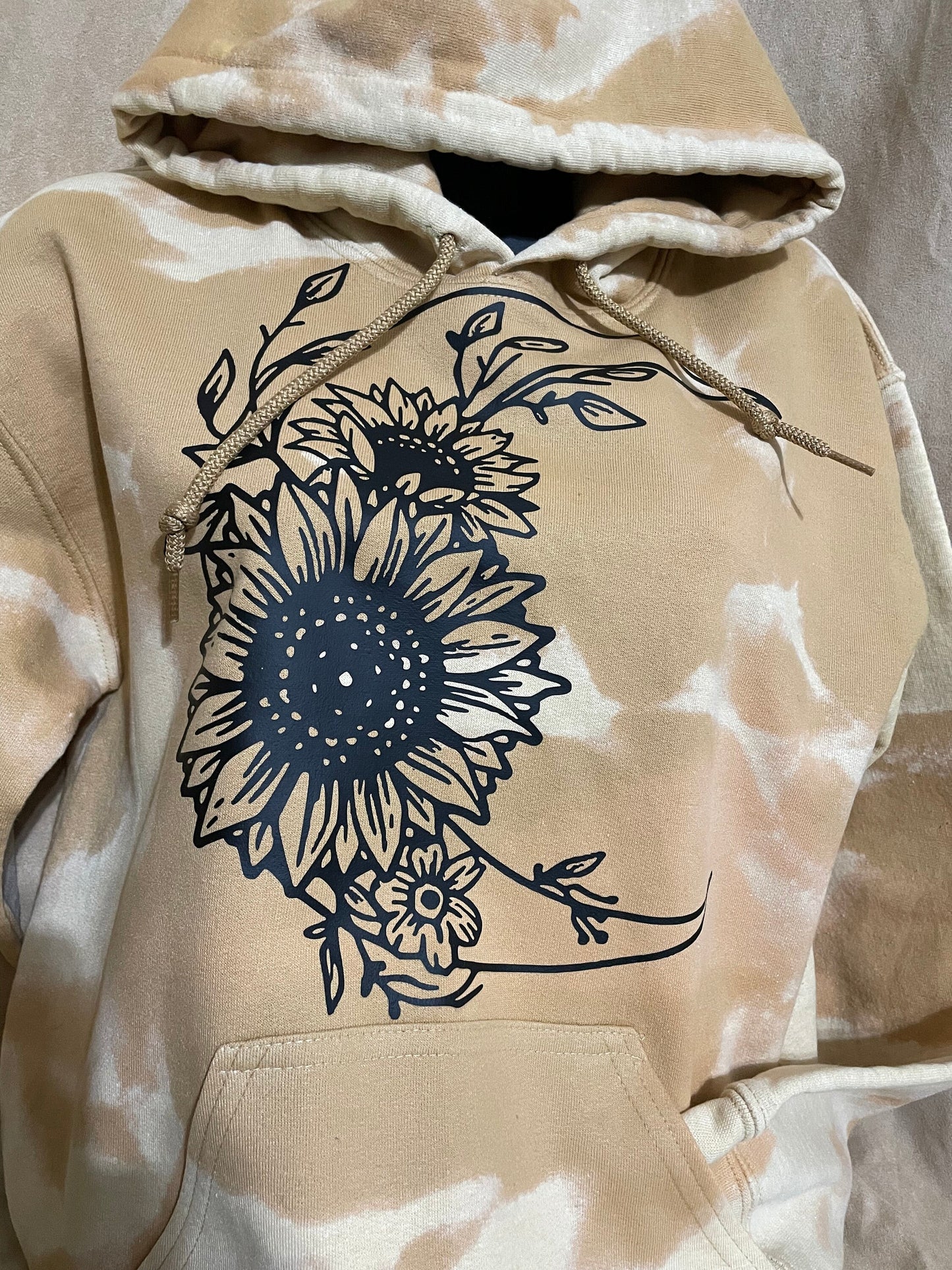 Moon & Sunflowers hoodie pullover bleached distressed graphic top, yellow or old gold vintage trending sweater.