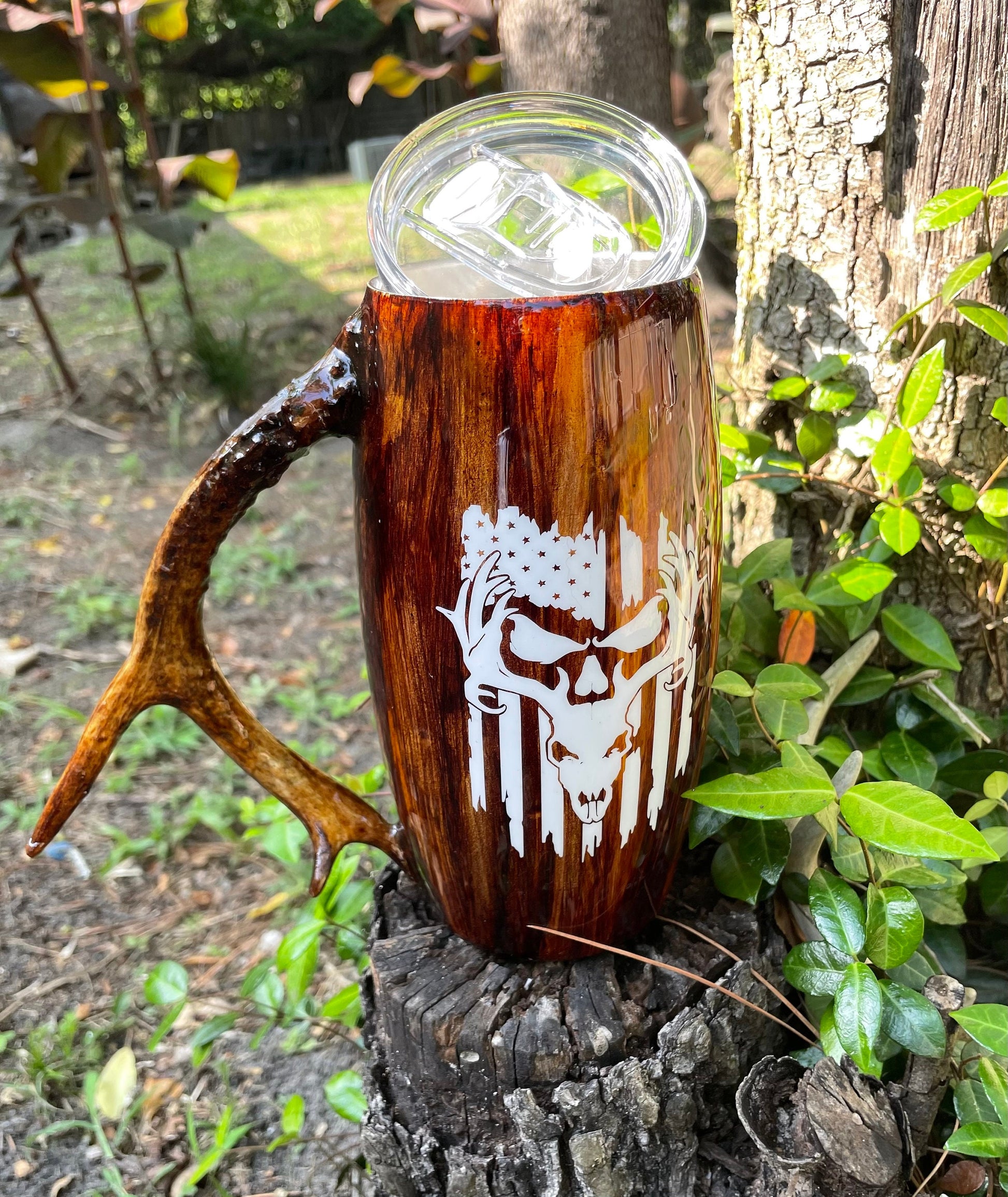 Deer Antler Handle Tumbler: Wood Grain Stainless Steel Barrel, 25oz