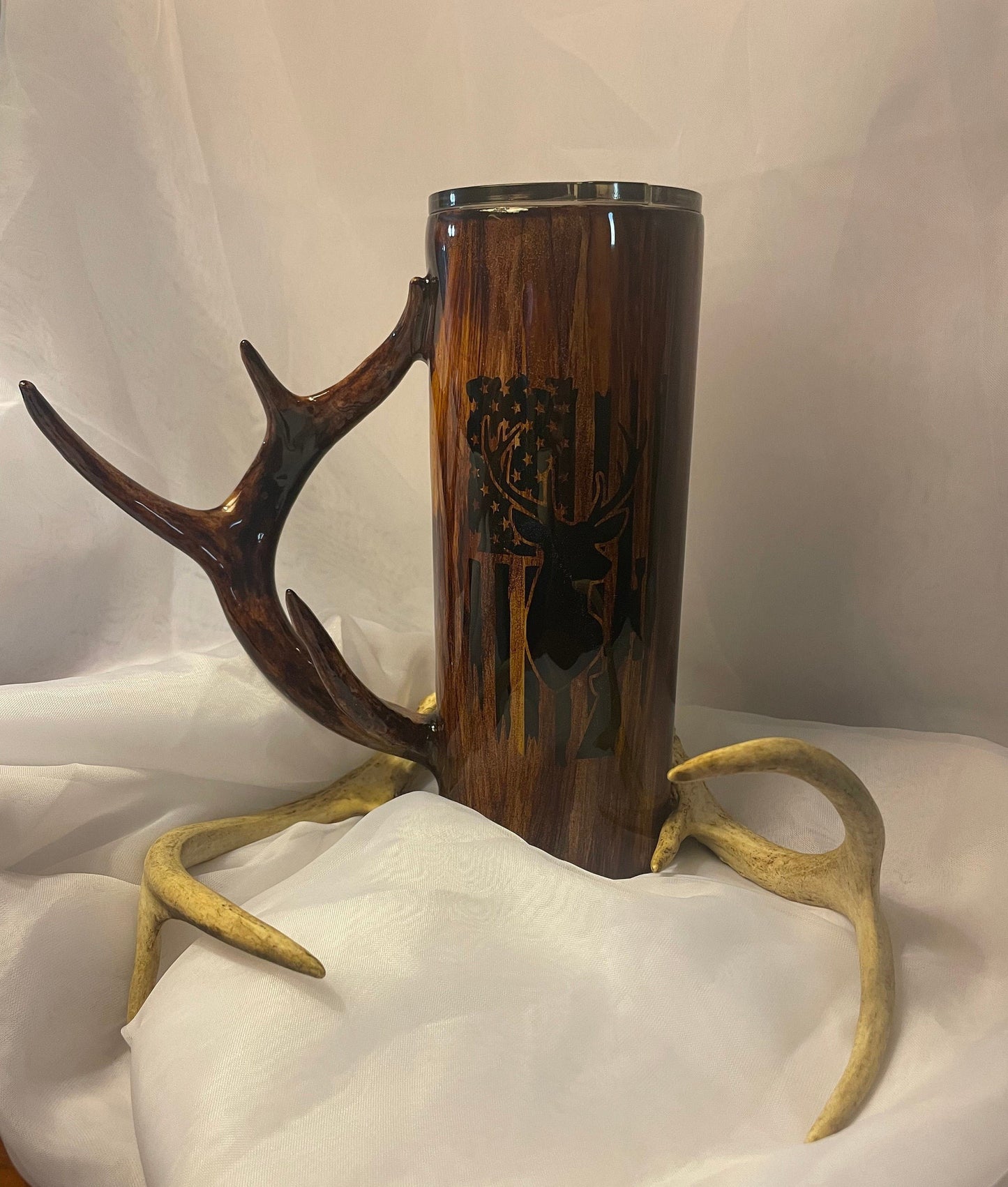 Deer tumbler, hunting cup, Real Deer Antler handle 20oz Straight Skinny Stainless Steel Tumbler (limited quantities) USAflag and deer design