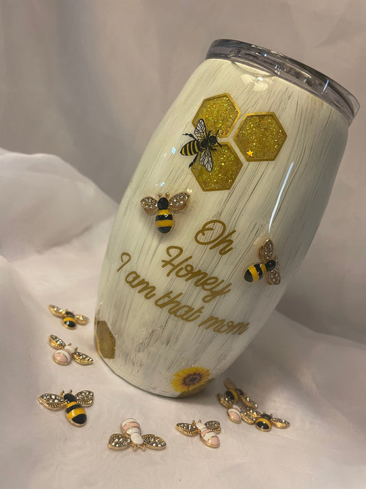 Bee tumbler with 3D bees embellishment and sunflowers (choose your cup and size), honey comb peekaboo glitter with white crackle effect.