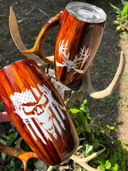 Deer Antler Handle Tumbler: Wood Grain Stainless Steel Barrel, 25oz