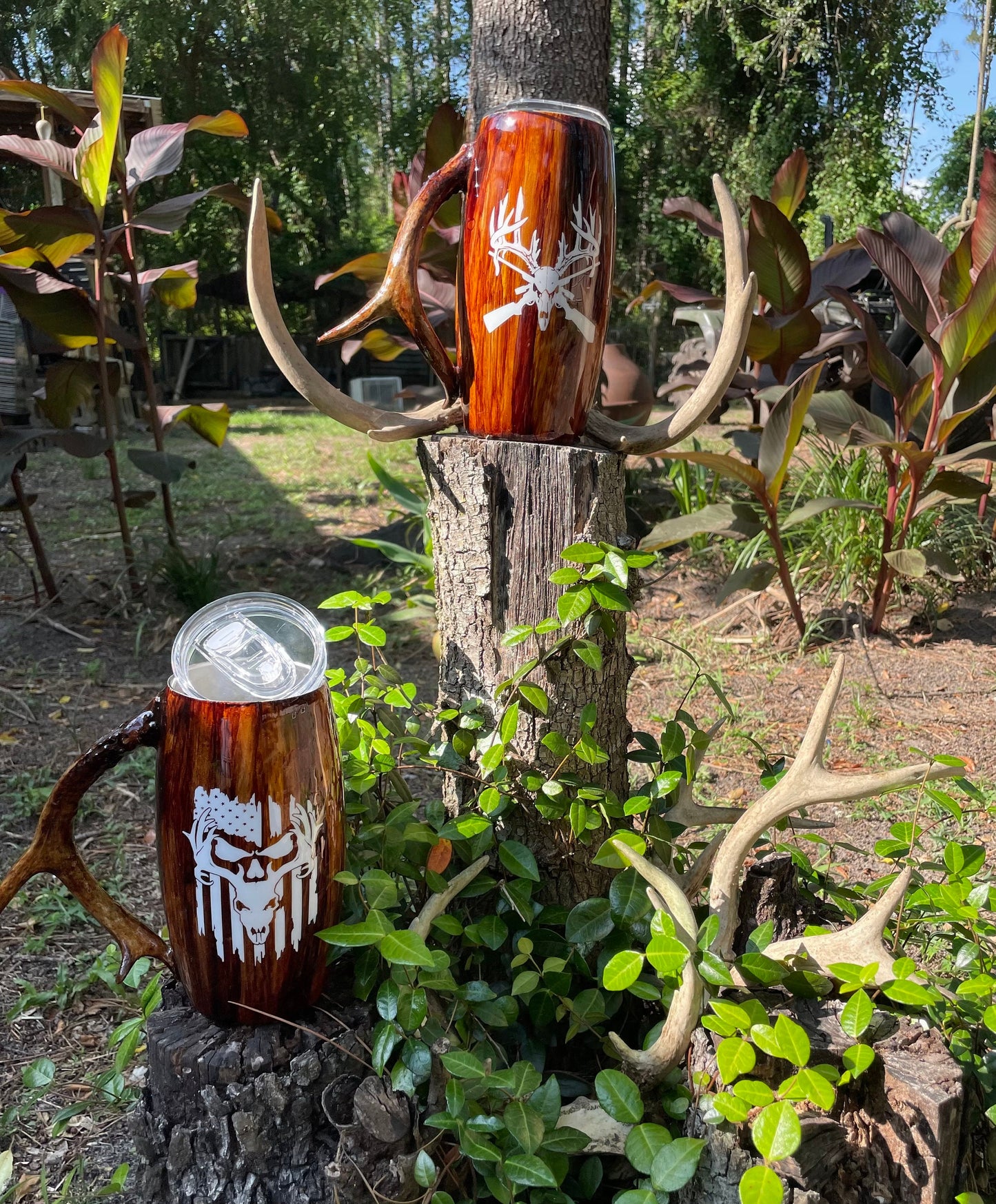 Deer Antler Handle Tumbler: Wood Grain Stainless Steel Barrel, 25oz