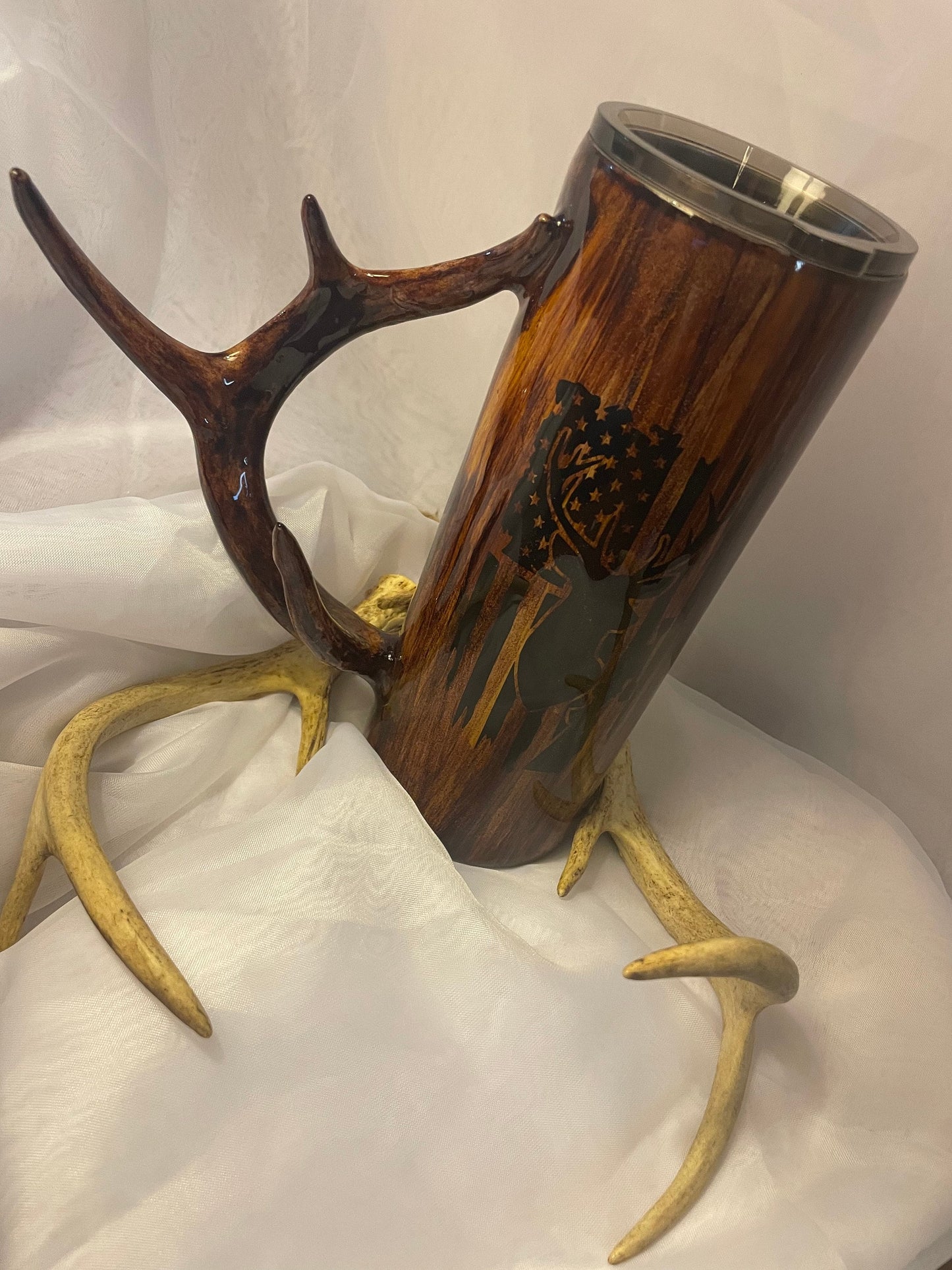 Deer tumbler, hunting cup, Real Deer Antler handle 20oz Straight Skinny Stainless Steel Tumbler (limited quantities) USAflag and deer design