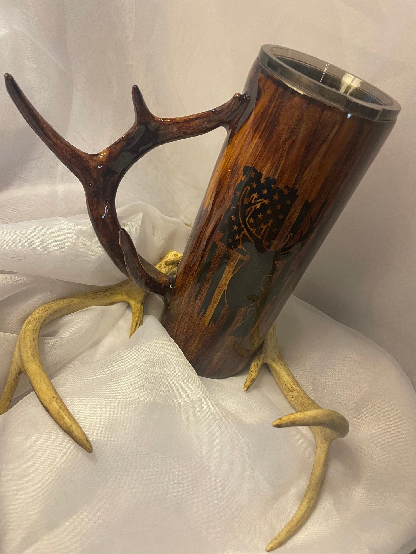 Deer Antler Handle Tumbler: USA Flag Hunting Cup, 20oz Stainless Steel