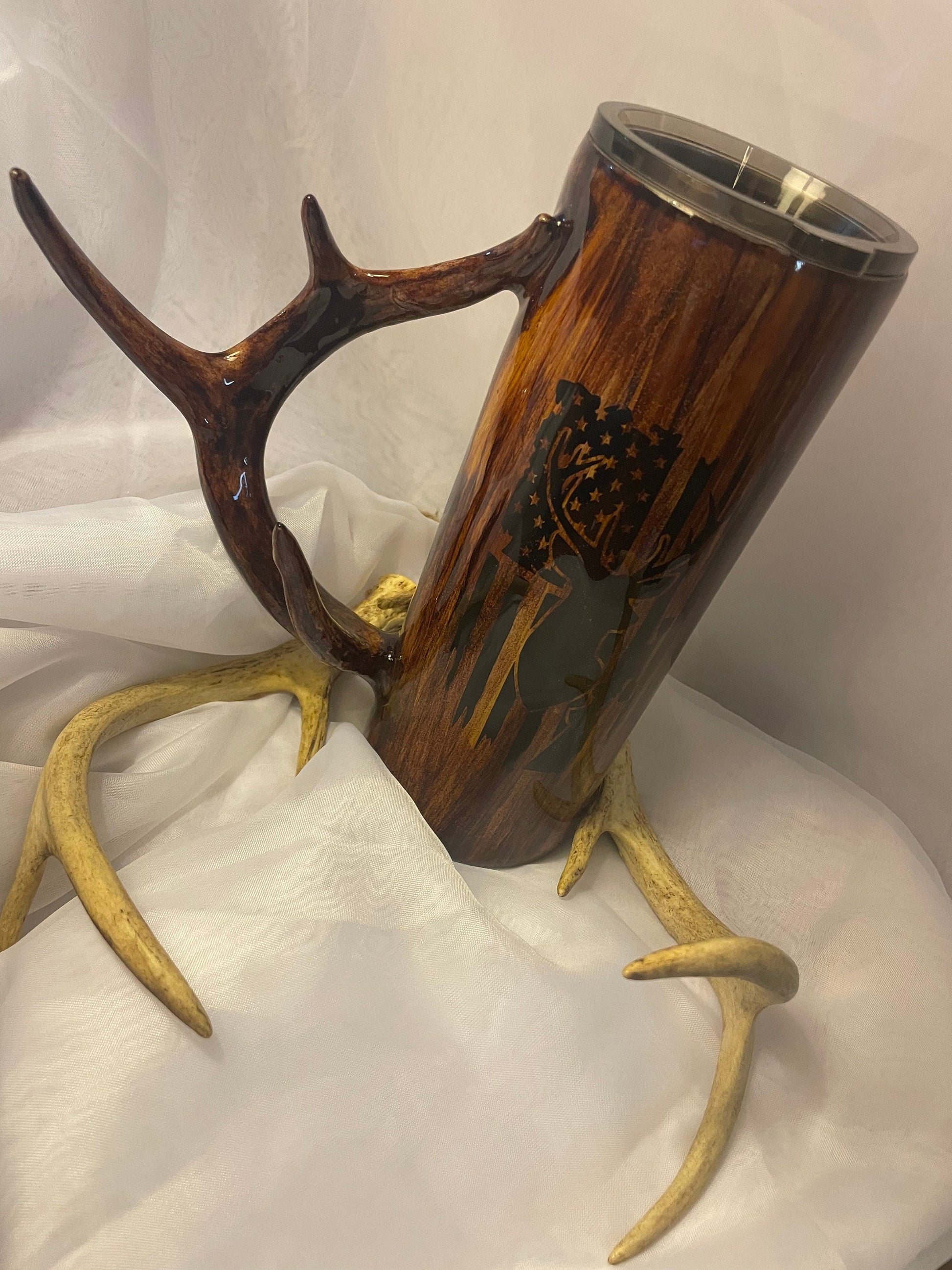 Deer Antler Handle Tumbler: USA Flag Hunting Cup, 20oz Stainless Steel