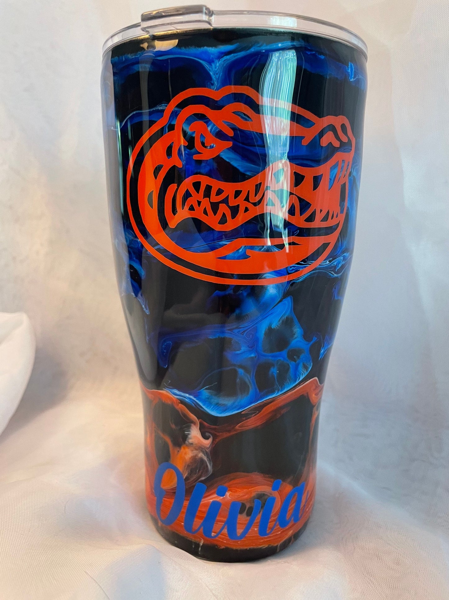 Blue and Orange Swirl Gator Tumbler: Insulated Stainless Steel Cup