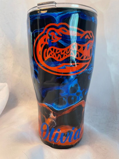 Blue and Orange Swirl Gator Tumbler: Insulated Stainless Steel Cup