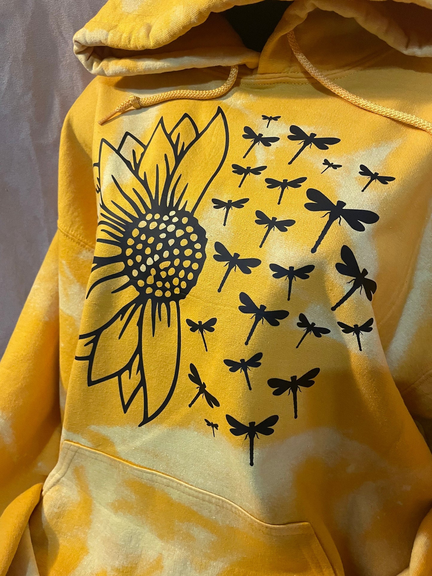 Sunflower and Dragonflies hoodie, bleached distressed sweater, sunflower graphic top, yellow or old gold vintage trending pullover.