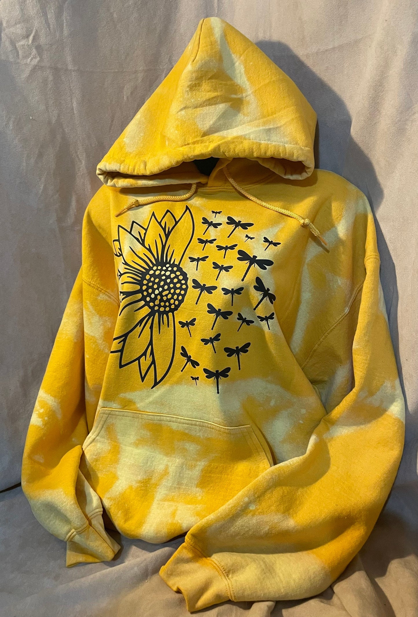 Sunflower and Dragonflies hoodie, bleached distressed sweater, sunflower graphic top, yellow or old gold vintage trending pullover.