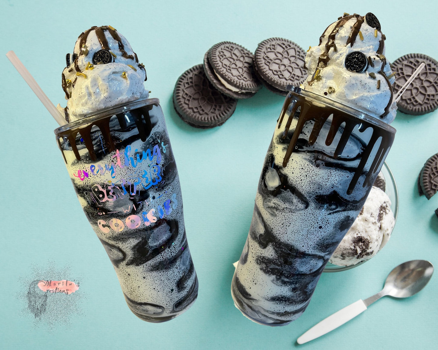 Cookies and Cream Ice Cream glitter tumbler with 3D ice cream removable topper for easy cleaning, mini Oreo cookies, 3d chocolate dripping