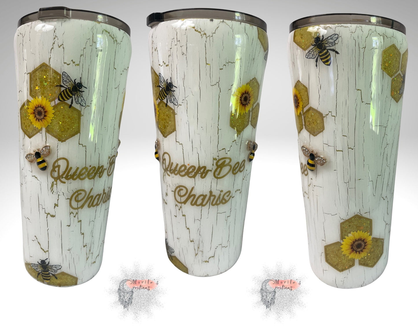 Bee tumbler with 3D bees embellishment and sunflowers (choose your cup and size), honey comb peekaboo glitter with white crackle effect.