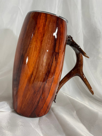 Deer Antler Handle Tumbler: Wood Grain Stainless Steel Barrel, 25oz