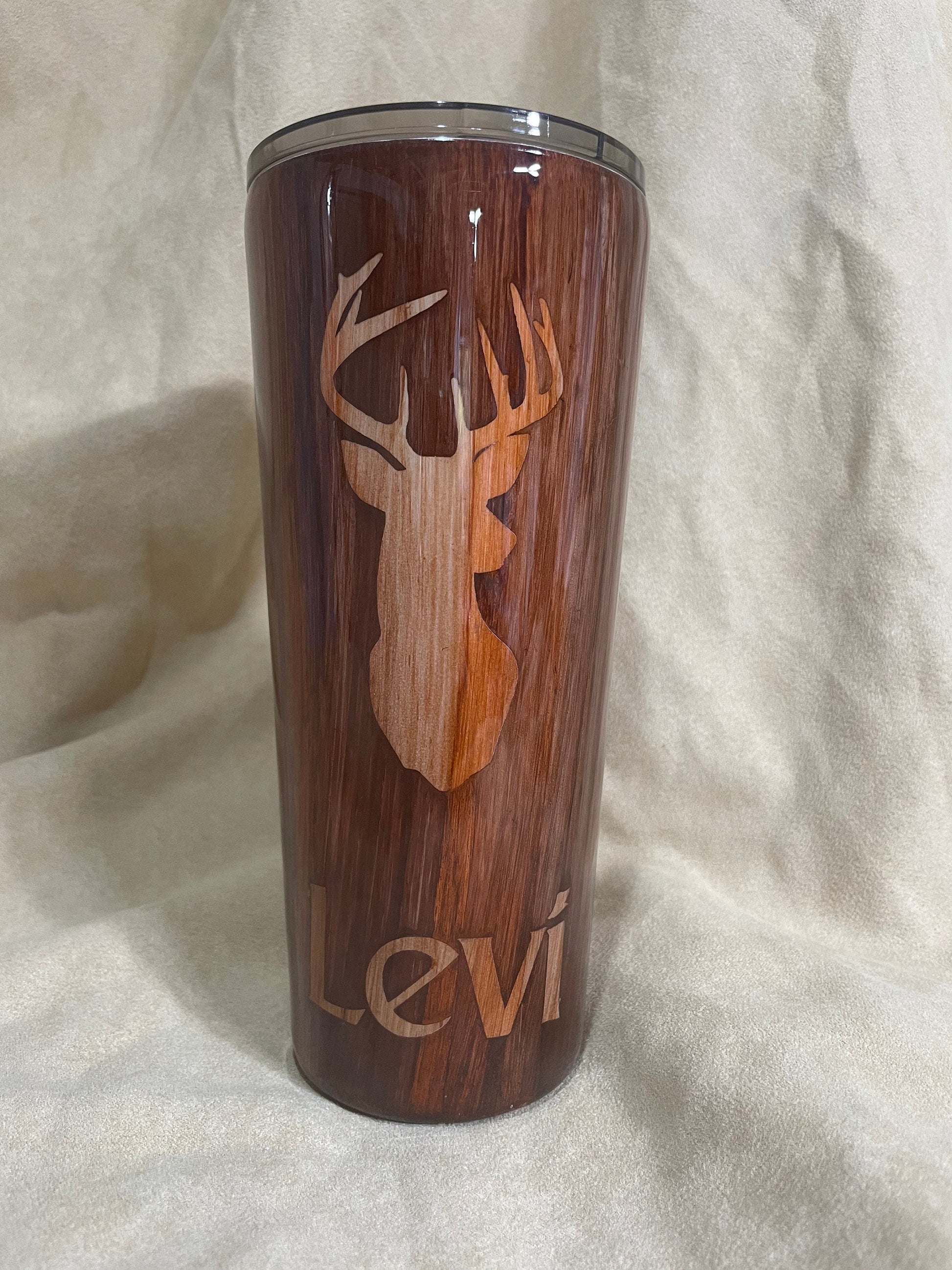 Hand Painted Deer Tumbler: Wood Grain Stainless Steel Hunter Gift