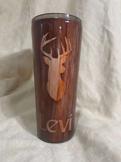 Hand Painted Deer Tumbler: Wood Grain Stainless Steel Hunter Gift