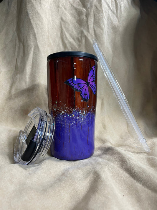 Cozie tumbler, 4 in 1 Can (skinny and regular)/bottle Koozie and is also a 14oz tumbler, Hand painted Wood Grain with purple and butterflies