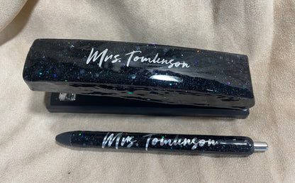 Custom epoxied Pen and Staplers set or individuals, perfect for teacher gift or yourself, glitter or no glitter any design you'll like.