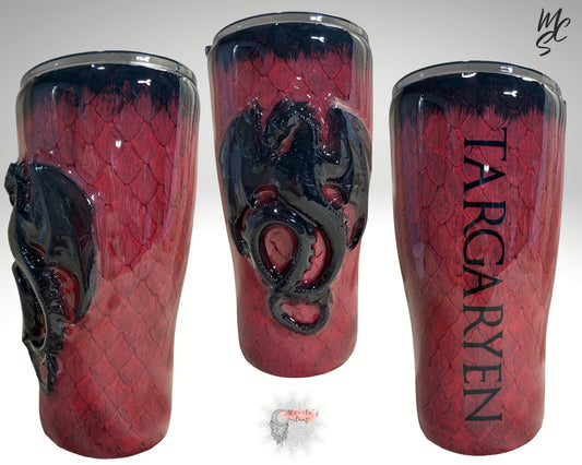 Dragon Tumbler customizable/personalizable, Targaryen inspired 3d dragon cup with red and black no glitter, several size and shape tumblers.