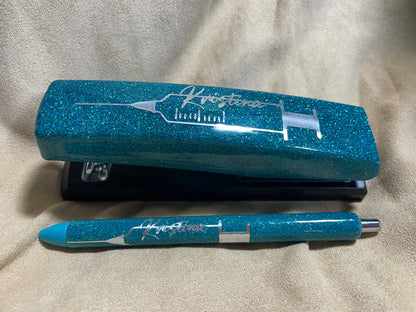 Custom epoxied Pen and Staplers set or individuals, perfect for teacher gift or yourself, glitter or no glitter any design you'll like.