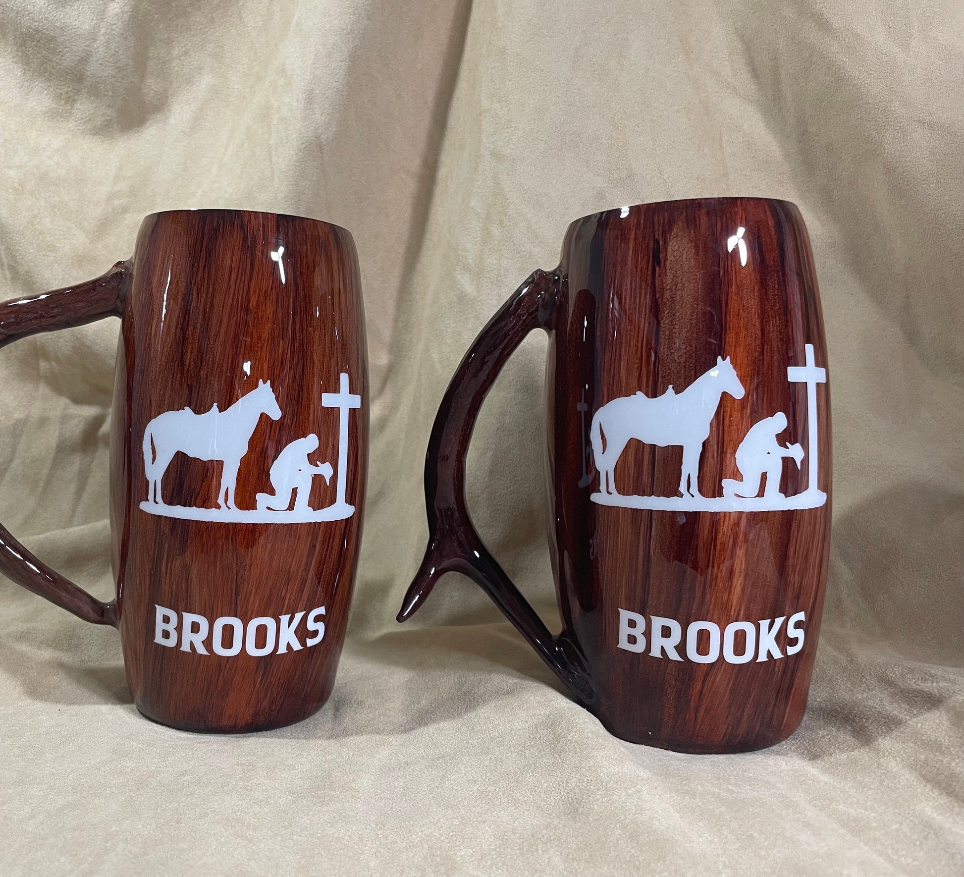 Deer Antler Handle Tumbler: Wood Grain Stainless Steel Barrel, 25oz