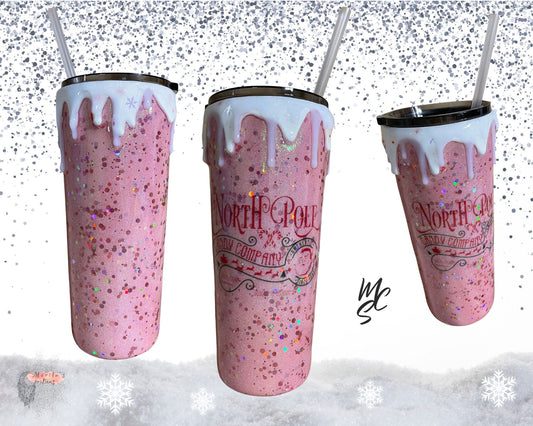 Christmas Tumbler, North Pole Custom Tumbler with 3D dripping, North Pole candy company pink glitter tumbler.