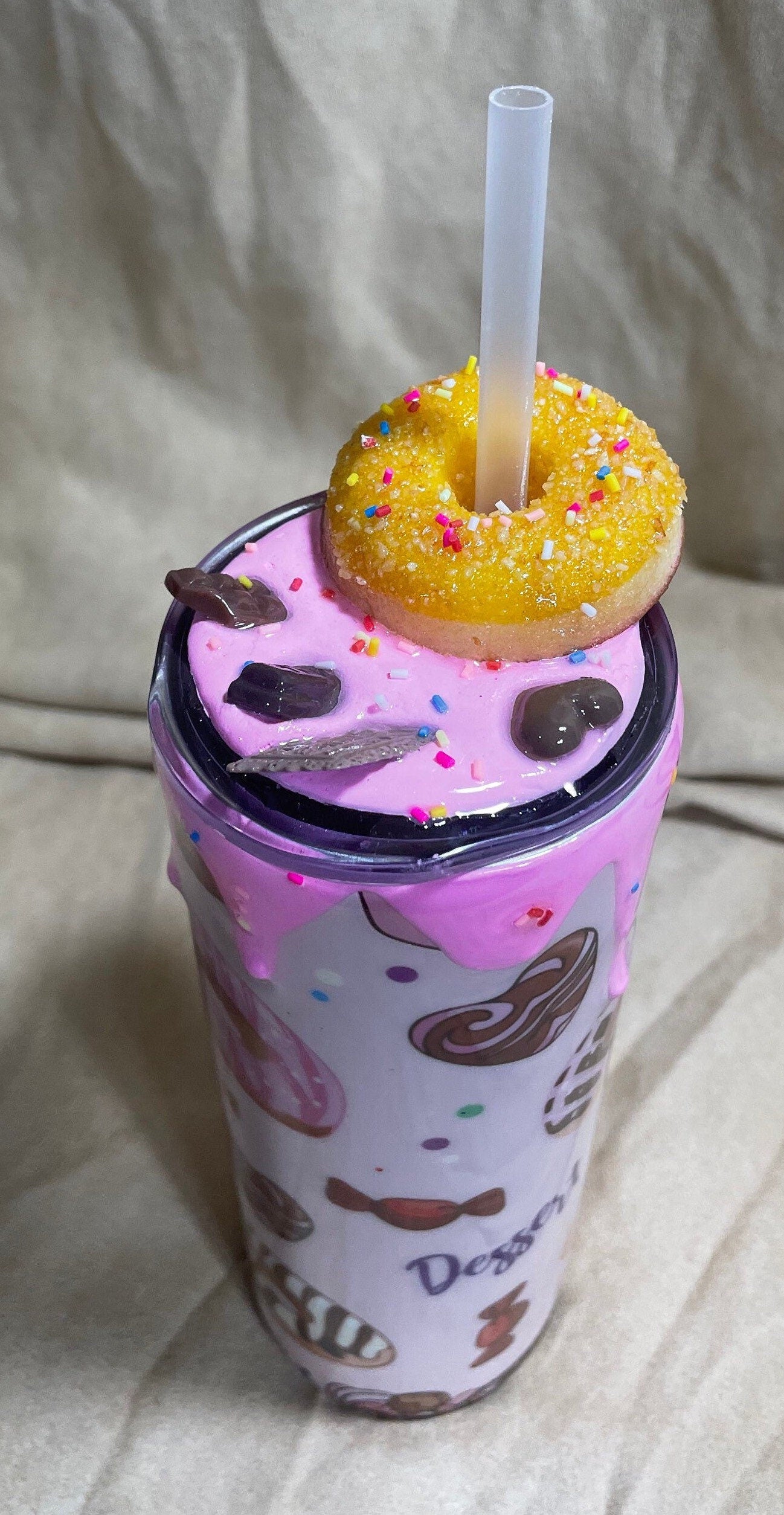 Doughnut Tumbler (20oz with straw) pink donut and pastries design with 3d donut topper not removable topper. Glitter cup