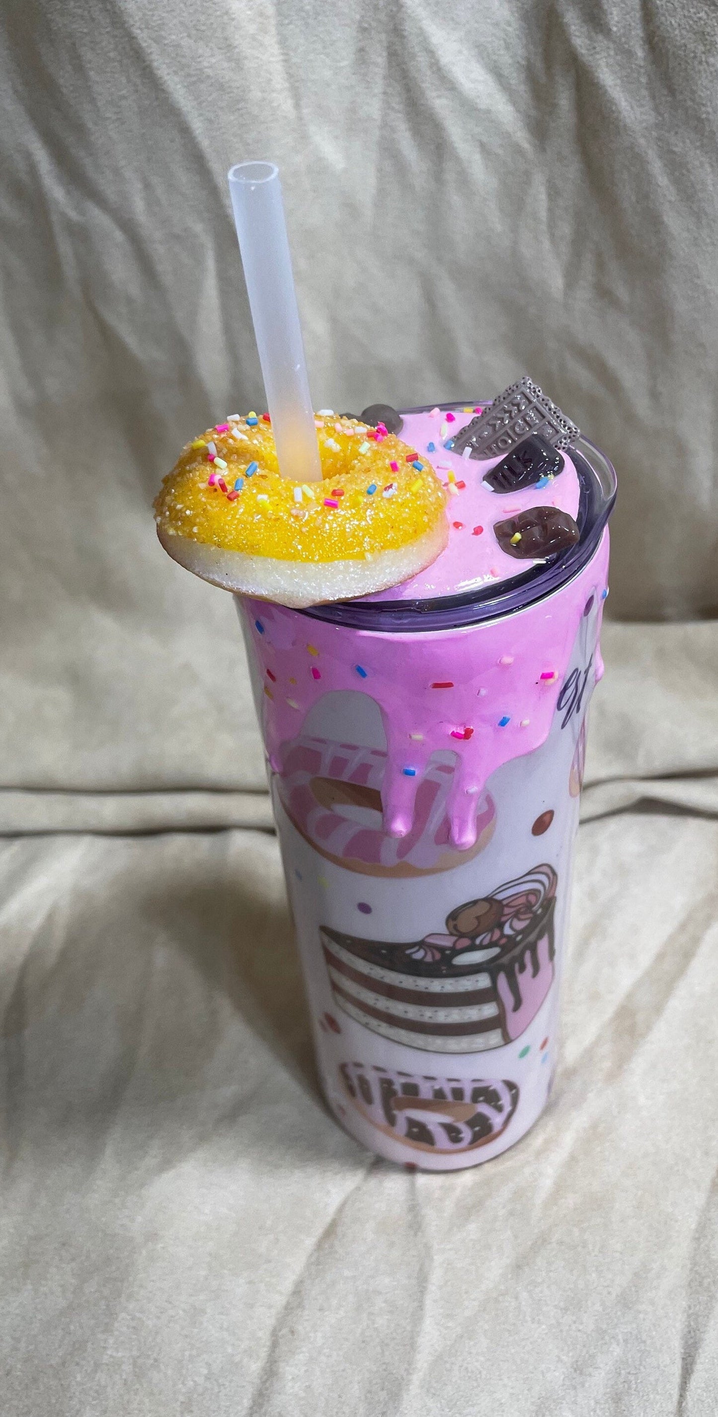 Doughnut Tumbler (20oz with straw) pink donut and pastries design with 3d donut topper not removable topper. Glitter cup